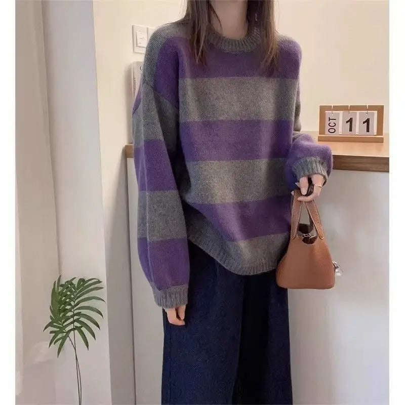 Neck Stripe Knit Loose New Top Sweater
