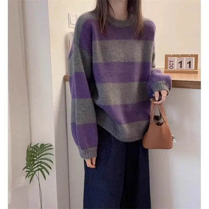 Neck Stripe Knit Loose New Top Sweater