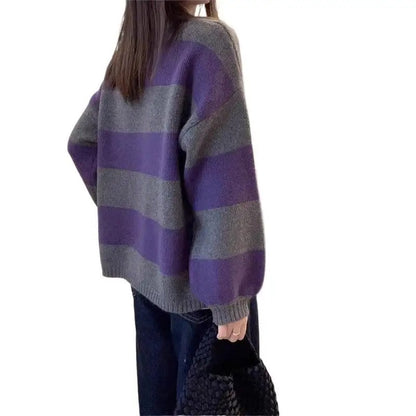 Neck Stripe Knit Loose New Top Sweater