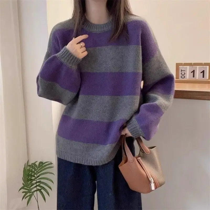 Neck Stripe Knit Loose New Top Sweater