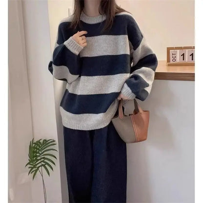 Neck Stripe Knit Loose New Top Sweater